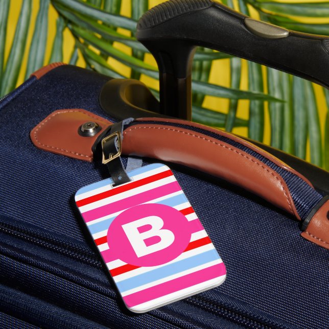Étiquette À Bagage Monogramme rayures bonbons rose et bleu vif (Insitu Rectoal 1)