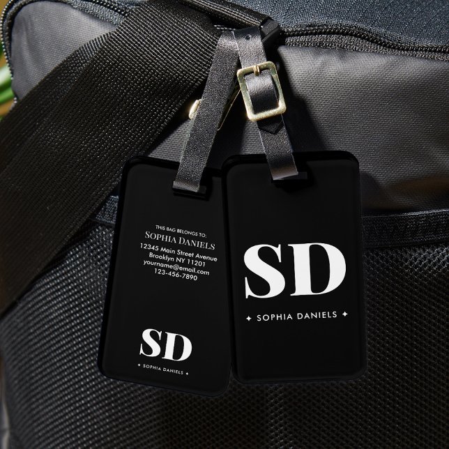 Étiquette À Bagage Monogramme Retro Classic Élégant noir blanc Recett (Créateur téléchargé)