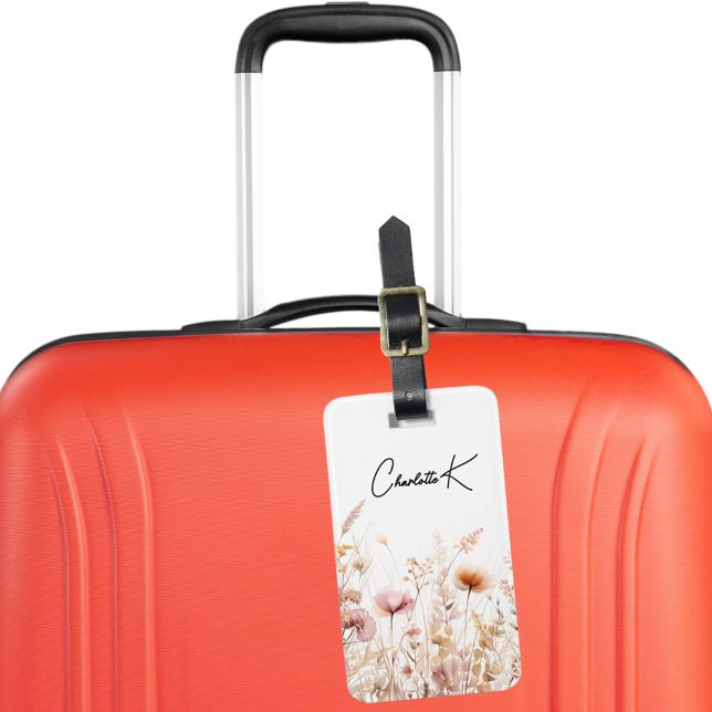 Étiquette À Bagage Monogramme rose beige fleur sauvage (Créateur téléchargé)