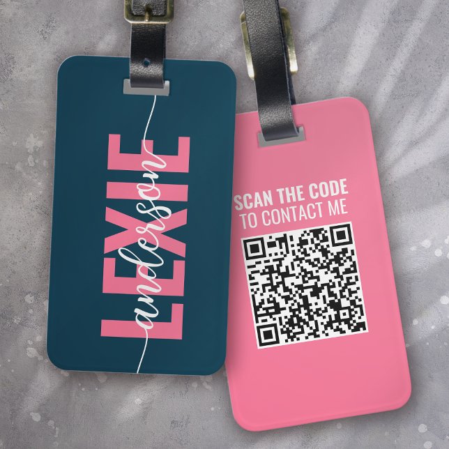 Étiquette À Bagage Monogramme rose bleu personnalisé QR Code (Créateur téléchargé)