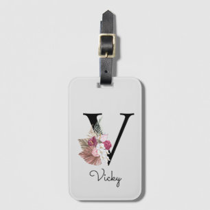 Étiquette À Bagage Monogramme Rose Bohème Féminin Floral Initiale V