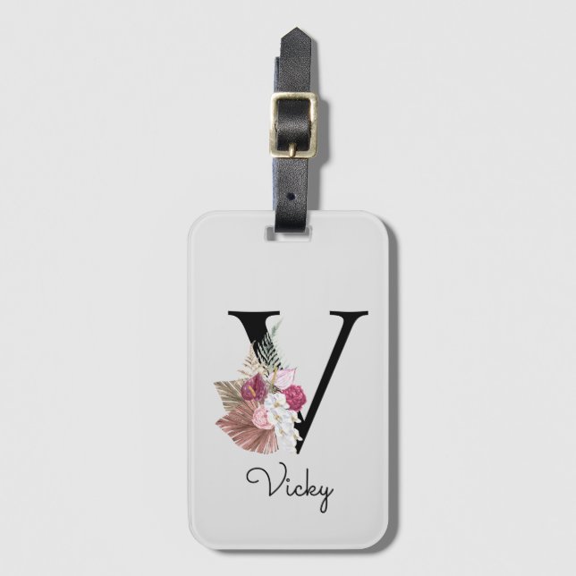 Étiquette À Bagage Monogramme Rose Bohème Féminin Floral Initiale V (Devant Vertical)