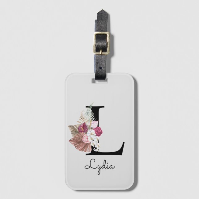 Étiquette À Bagage Monogramme rose boho floral initial L (Devant Vertical)