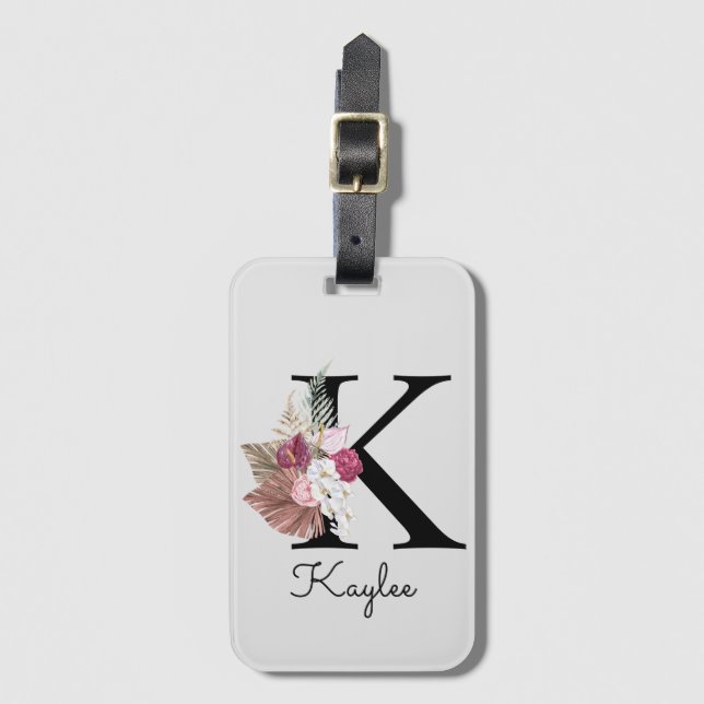 Étiquette À Bagage Monogramme Rose Boho Girl Floral Initial K (Devant Vertical)