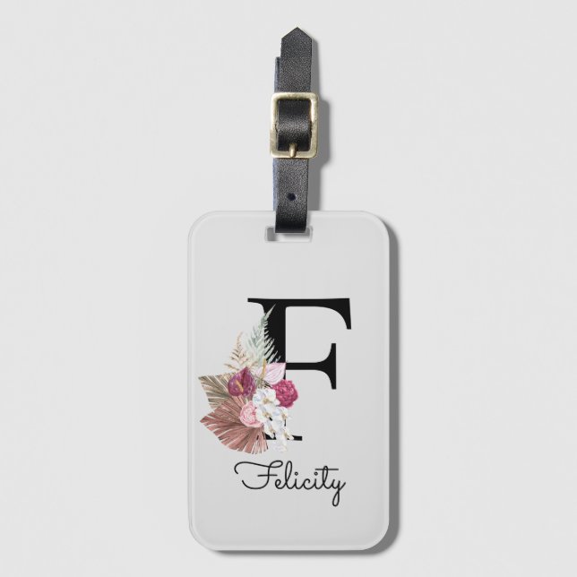 Étiquette À Bagage Monogramme rose Boho girly floral initiale F (Devant Vertical)