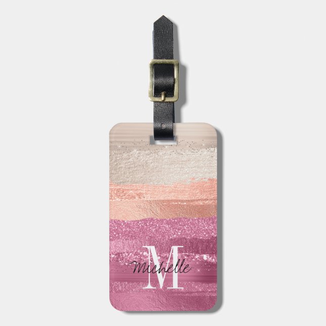 Étiquette À Bagage Monogramme rose chaud brillant moderne Parties sci (Devant Vertical)
