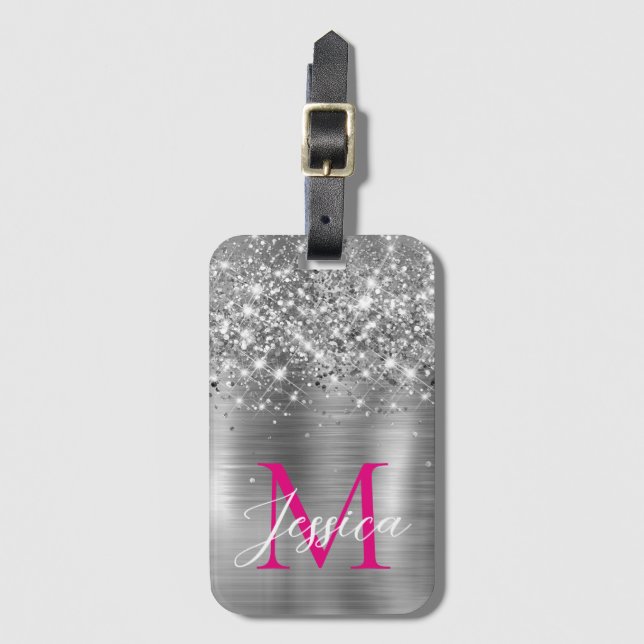 Étiquette À Bagage Monogramme rose chaud Chic Foil Faux (Devant Vertical)