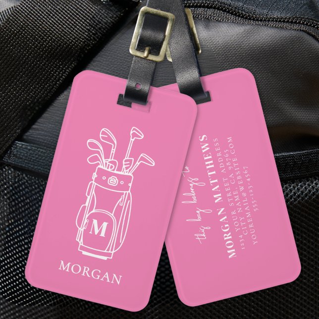 Étiquette À Bagage Monogramme rose de golf (Pink Monogram Golf Bag Luggage Tag)