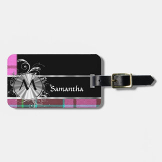 Étiquette À Bagage Monogramme rose de tartan et d'argent