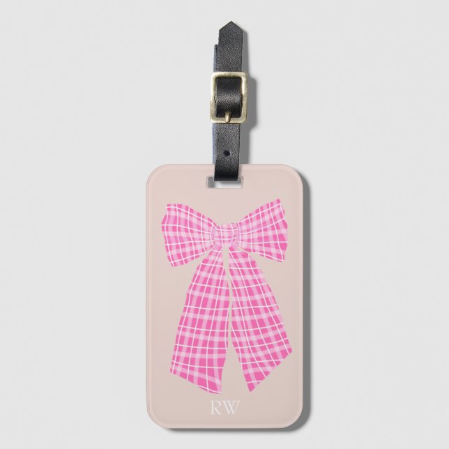 Étiquette À Bagage Monogramme rose En vichy romantique coquette bow (Devant Vertical)