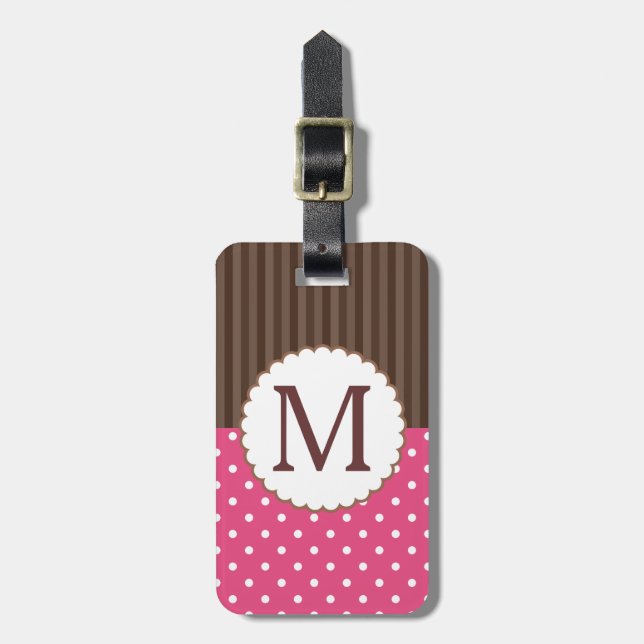 Étiquette À Bagage Monogramme rose et Brown de rayures de pois (Devant Vertical)