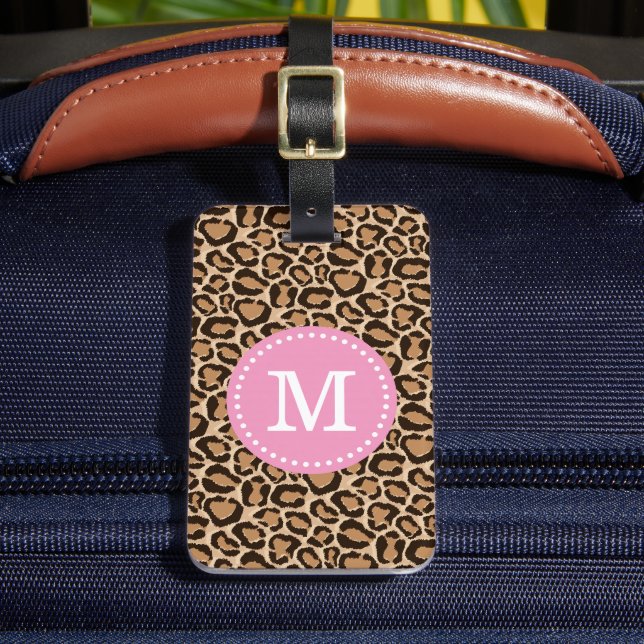 Étiquette À Bagage Monogramme rose et Empreinte de léopard personnali (Insitu Rectoal 2)