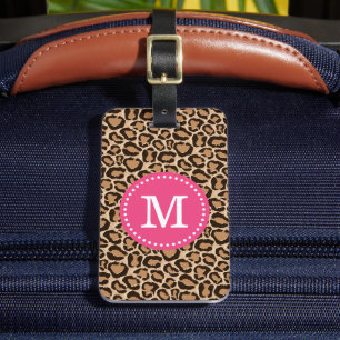 Étiquette À Bagage Monogramme rose et Empreinte de léopard personnali
