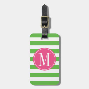Étiquette À Bagage Monogramme rose et vert de coutume de rayures
