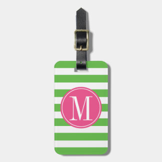 Étiquette À Bagage Monogramme rose et vert de coutume de rayures
