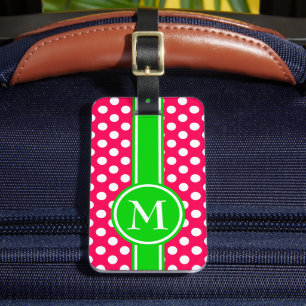 Étiquette À Bagage Monogramme rose et vert de point de polka