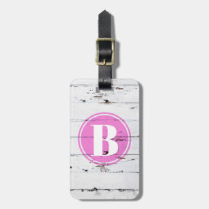 Étiquette À Bagage Monogramme rose féminin en bois blanc rustique vin