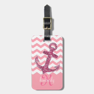Étiquette À Bagage Monogramme rose Girly de Chevron d'Ancre de