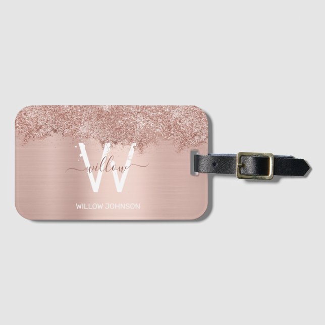 Étiquette À Bagage Monogramme rose Gold Blush Rose Girl Parties scint (Devant Horizontal)