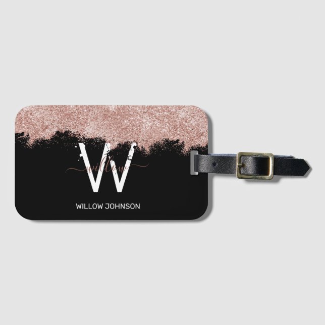 Étiquette À Bagage Monogramme rose Gold Rose Black Girl Parties scint (Devant Horizontal)