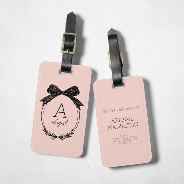 Étiquette À Bagage Monogramme Rose Pâle Ruban Noir Initiales Modernes (Modern Initial Black Bow Blush Pink Monogram Luggage Tag)