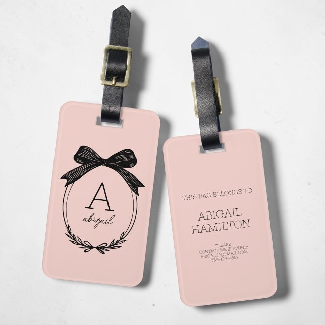 Étiquette À Bagage Monogramme Rose Pâle Ruban Noir Initiales Modernes (Modern Initial Black Bow Blush Pink Monogram Luggage Tag)