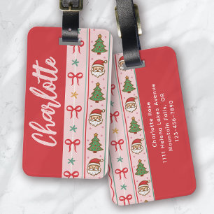 Étiquette À Bagage Monogramme rose rouge Noël Coquette Bow