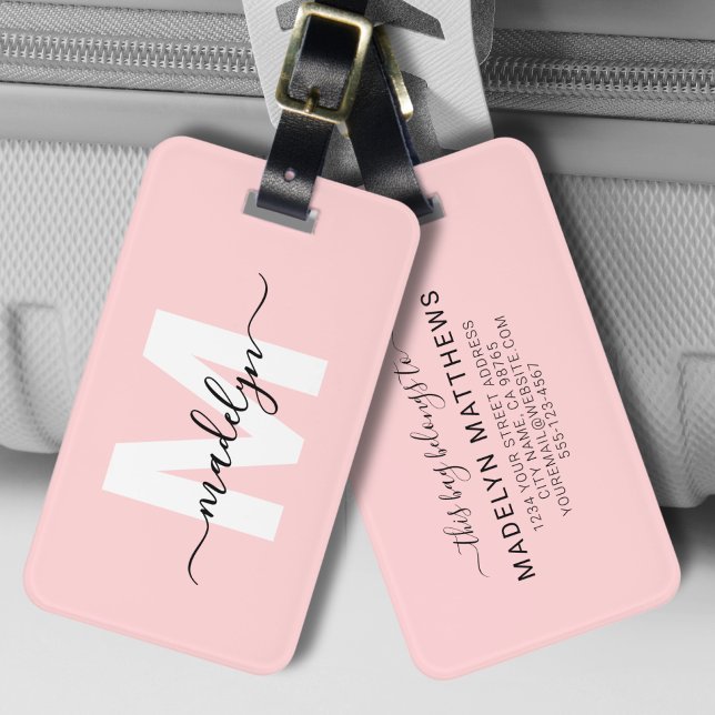 Étiquette À Bagage Monogramme rose vierge moderne sur mesure (Custom Modern Girly Blush Pink Name Monogram Luggage Tag )