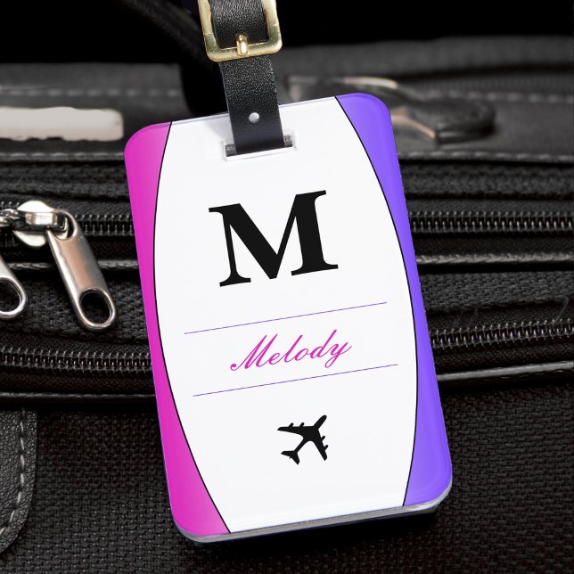 Étiquette À Bagage Monogramme rose violet et blanc (pink purple and white monogram airplane pilot luggage tag)