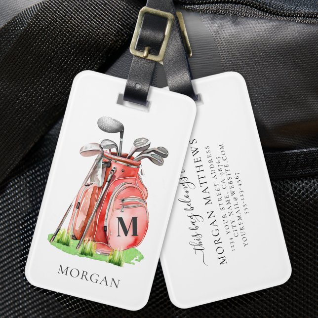 Étiquette À Bagage Monogramme rouge de golf (Monogram Red Golf Bag Luggage Tag)