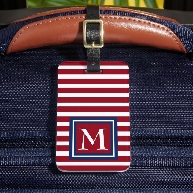 Étiquette À Bagage Monogramme rouge de rayures blanches et bleues (Insitu Rectoal 2)