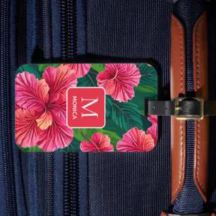 Étiquette À Bagage Monogramme rouge Feuille de palmier hibiscus de Ha
