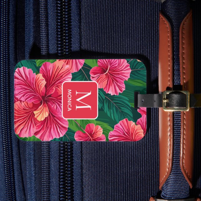 Étiquette À Bagage Monogramme rouge Feuille de palmier hibiscus de Ha (Insitu Rectoal 4)