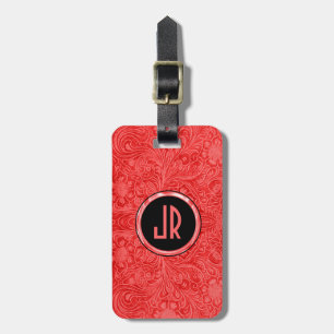 Étiquette À Bagage Monogramme Rouge Suede cuir Design Floral
