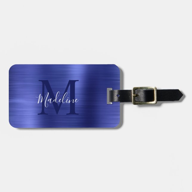 Étiquette À Bagage Monogramme Royal bleu métallique simple brossé (Devant horizontal)