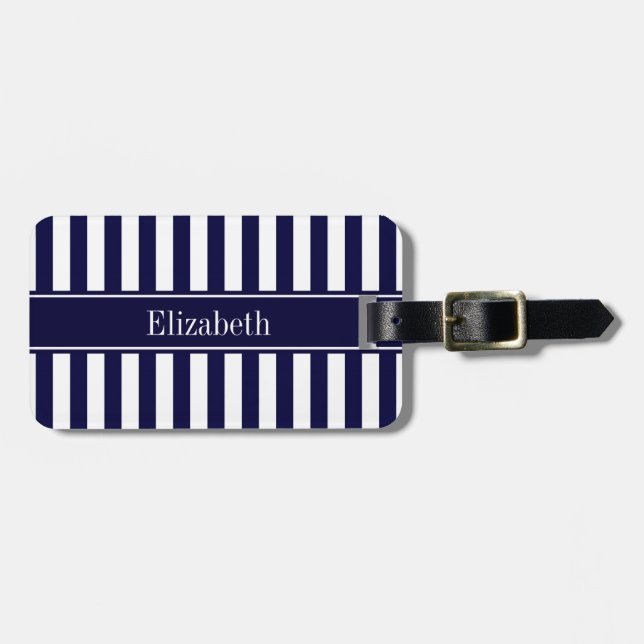 Étiquette À Bagage Monogramme Ruban Bleu Marine Rayure Blanc (Devant horizontal)