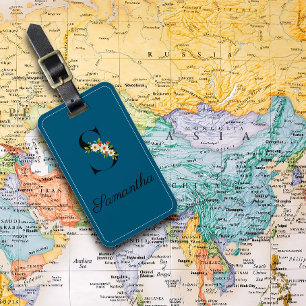 Étiquette À Bagage Monogramme S Fleur d'aquarelle cobalt Bagage Balis