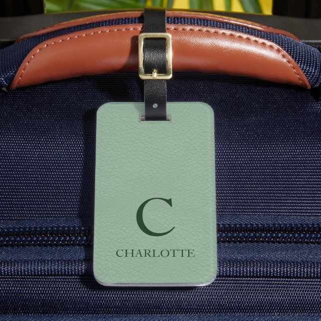 Étiquette À Bagage Monogramme Sage Vert Imprimé Cuir Art Personnalisé (Insitu Rectoal 2)