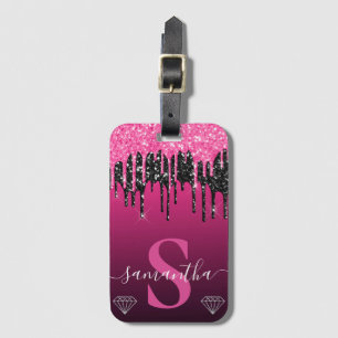 Étiquette À Bagage Monogramme scintillant rose chaud et noir qui dégo