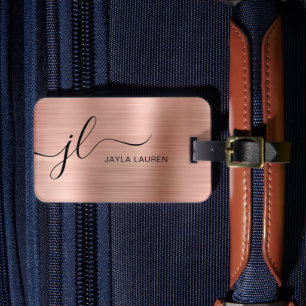 Étiquette À Bagage Monogramme Script Faux Rose Gold Metal Steel