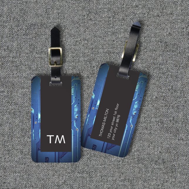 Étiquette À Bagage Monogramme simple de carte de circuit imprimé bleu (Créateur téléchargé)