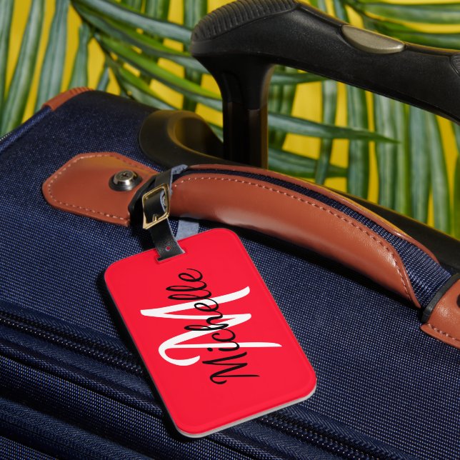 Étiquette À Bagage Monogramme simple et moderne rouge et blanc (Insitu Rectoal 1)