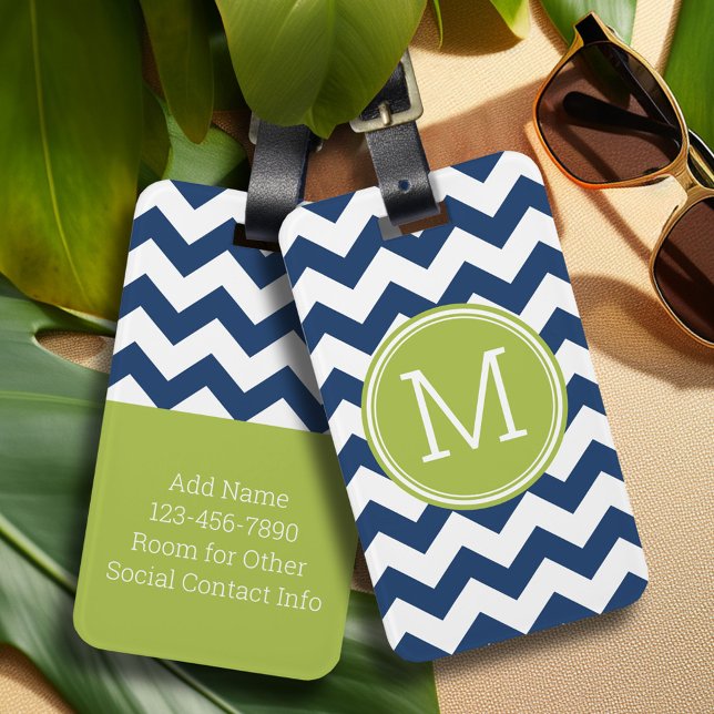 Étiquette À Bagage Monogramme simple Motif Chevron - Chaux de marine (Add a monogram and contact information to this custom luggage tag)