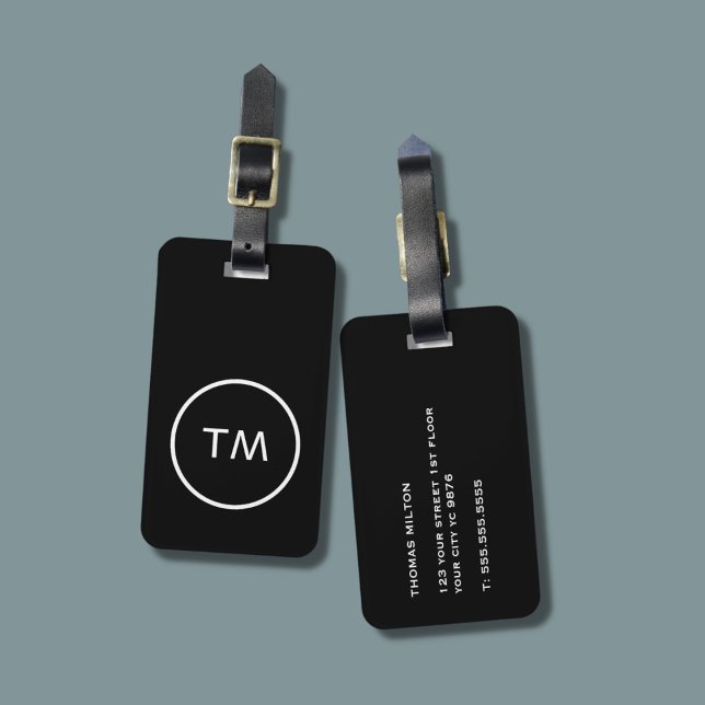 Étiquette À Bagage Monogramme simple noir blanc cerclé (Créateur téléchargé)