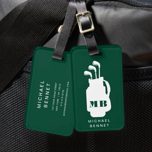 Étiquette À Bagage Monogramme Sport de Golf Vert Moderne (Modern Green Golf Sport Monogrammed Luggage Tag)
