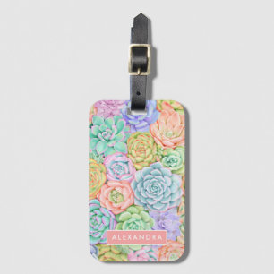 Étiquette À Bagage Monogramme Succulents Aquarelle Pastel coloré