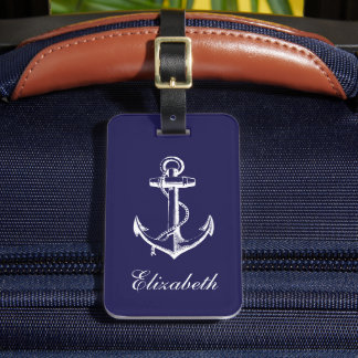 Étiquette À Bagage Monogramme sur mesure d'Ancre Vintage bleu marine