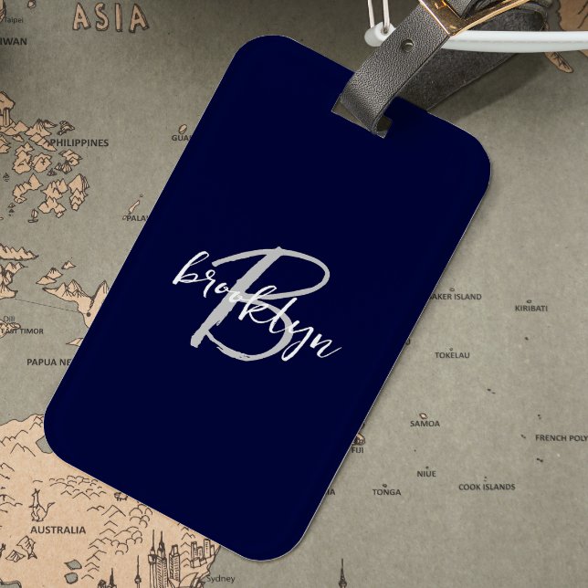 Étiquette À Bagage Monogramme tendance bleu marine gris blanc  (Créateur téléchargé)