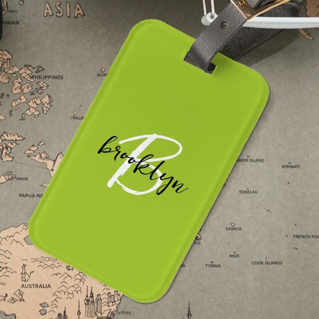 Étiquette À Bagage Monogramme tendance vert citron noir et blanc  (Créateur téléchargé)