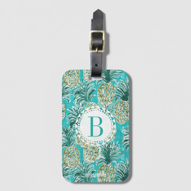Étiquette À Bagage Monogramme tropical d'aquarelle HEURE d'ANANAS (Devant Vertical)